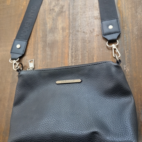 Steve Madden Handbags - Steve Madden Black Leather Crossbody Bag -Wide Strap, Silver Hardware